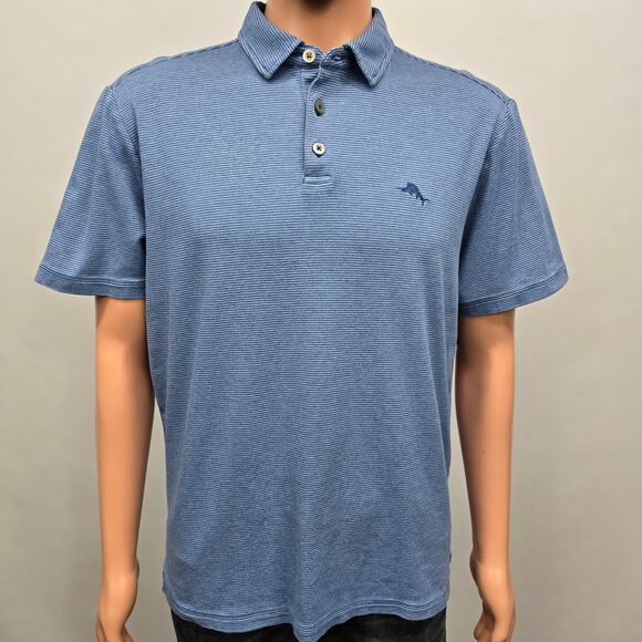 TOMMY BAHAMA Pacific Shore Polo Shirt  Men M Blue Allure Heather Striped Cotton - Picture 3 of 13